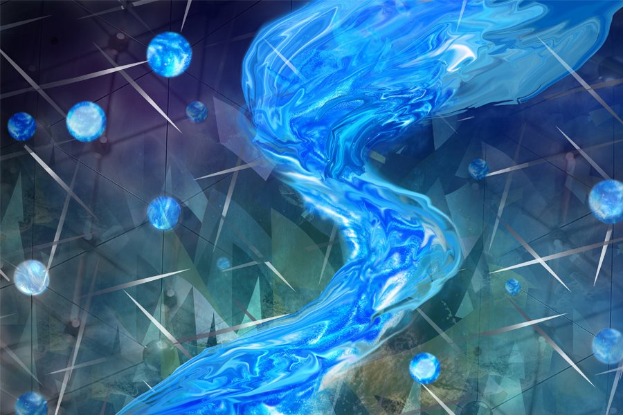 This artwork shows the coexistence of the electron crystalline phase and exotic quantum liquid phase. The middle stream represents the exotic fractional quantum hall liquid and the dots on the two sides organizing in a periodic way represents the electron crystal. (Courtesy of Michael Hurley and Sampson Wilcox/Research Laboratory of Electronics at the Massachusetts Institute of Technology)